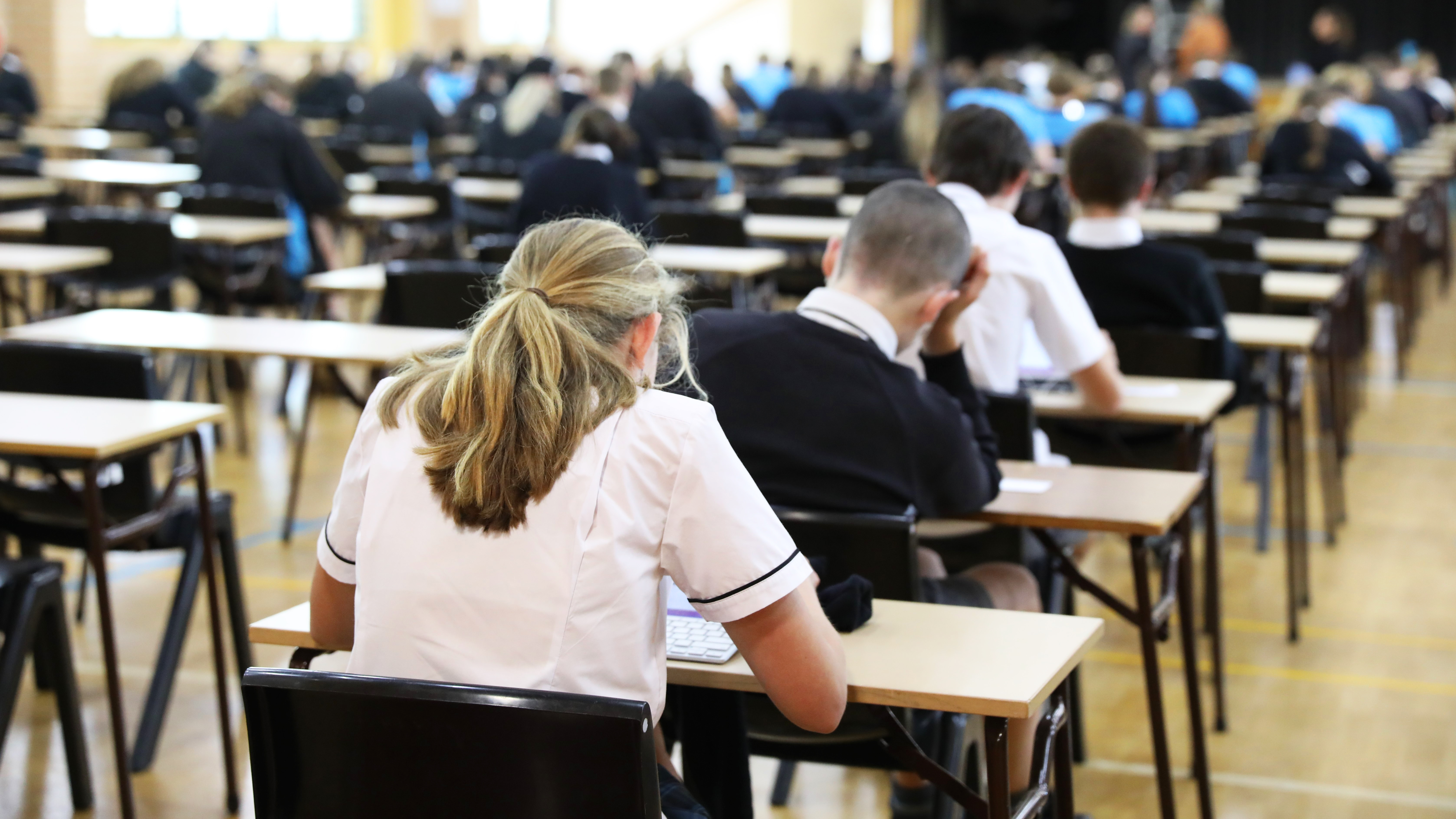 Backs of students sitting exams in a hall