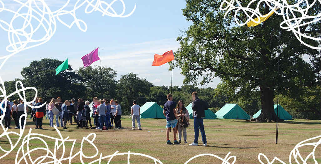 Colourful flags at a camp site